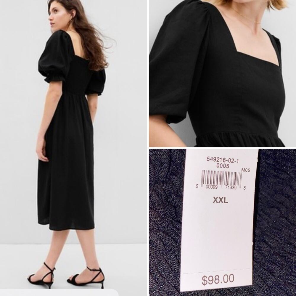 New $98 GAP Linen-Blend Puff Sleeve Midi Dress XXL